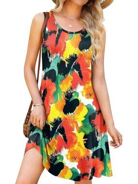 Women's Abstract Flower Casual Swing Shirt Dress Beach Cover Loose Mini Dress